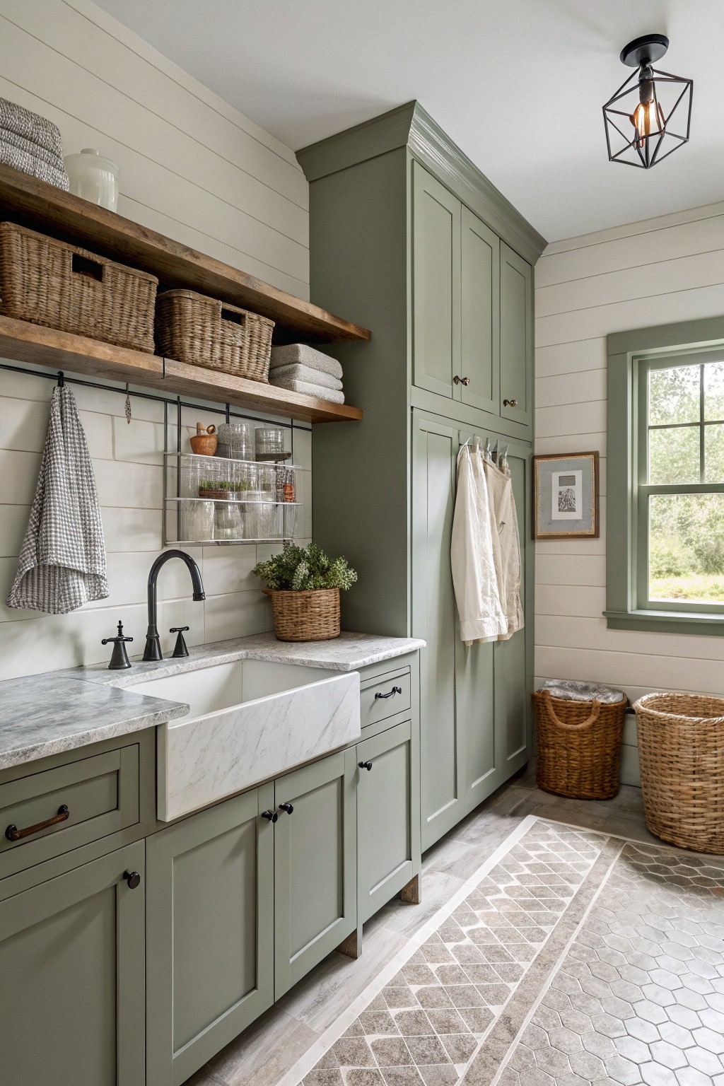 Laundry room with sage green cabinets, white shiplap walls, farmhouse sink, wood shelves holding baskets, and black faucet hardware