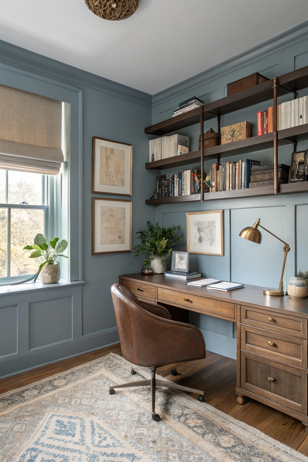 Cozy home office corner with pale blue-gray walls, wood desk and bookshelves, leather chair, plants, and brass lamp