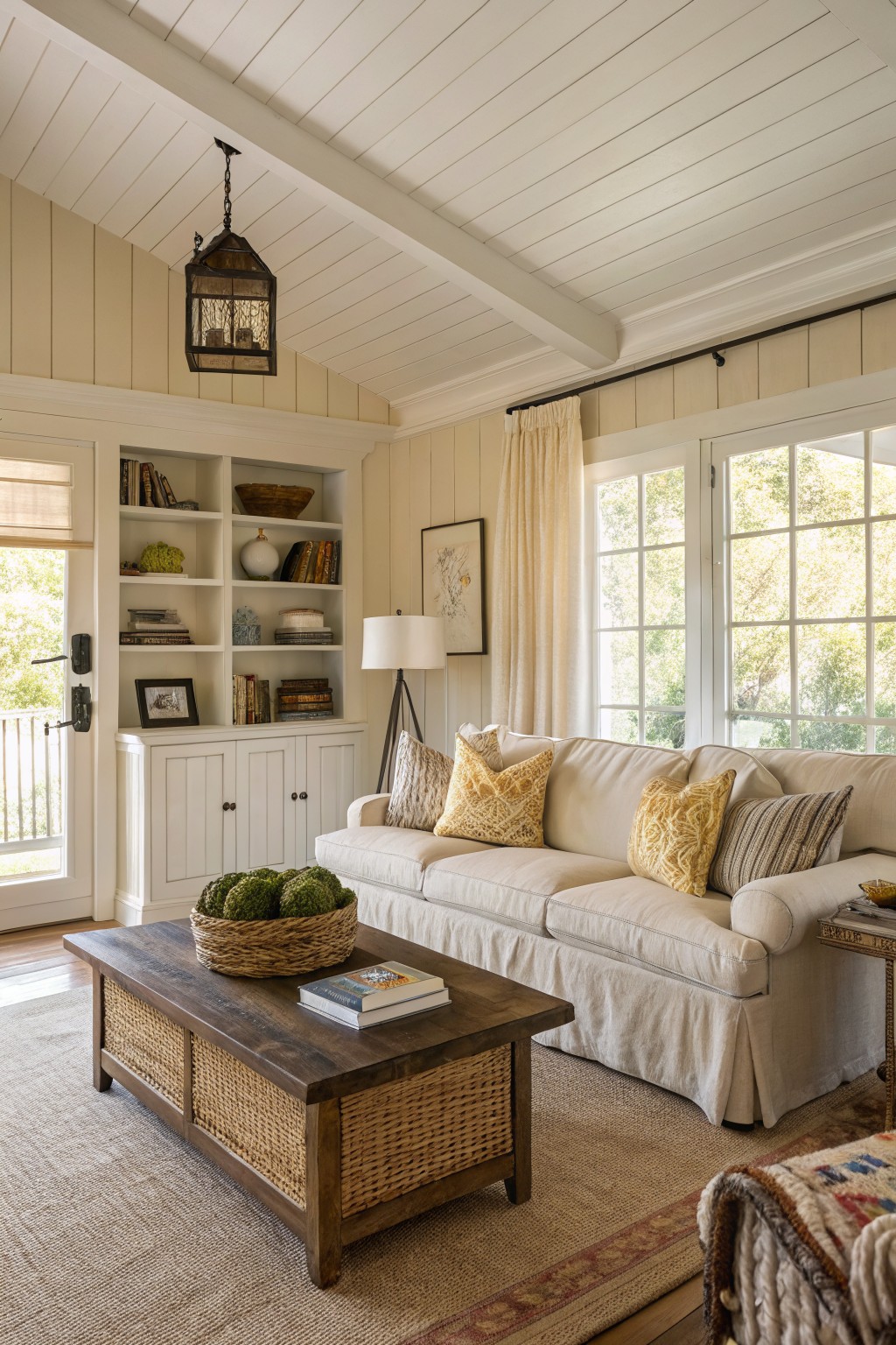 Sunlit sunroom with pale creamy walls, white shiplap ceiling, built-in white bookshelves, cream slipcovered sofa, wood coffee table with plants, and French doors to outdoors