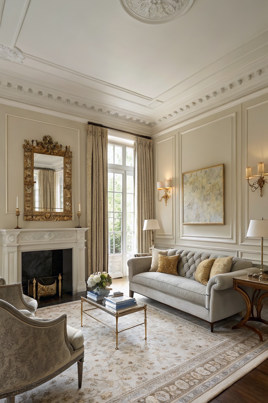 Elegant traditional living room featuring soft greige walls, ornate white fireplace, gold-framed mirror, gray tufted sofa with throw pillows, gold coffee table, and large French doors with cream drapes