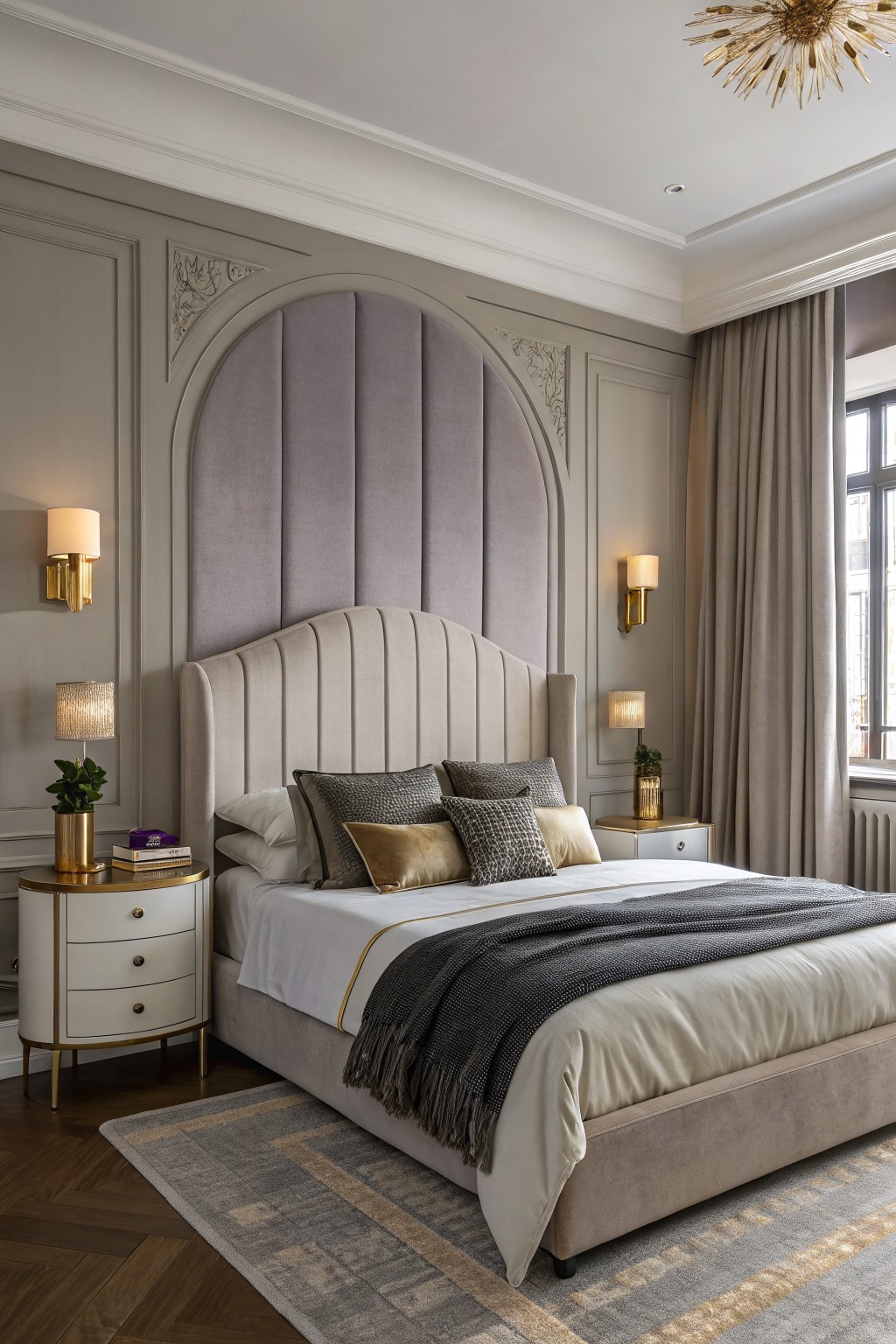 Bedroom with soft greige walls, tufted cream headboard, gold-accented nightstands, and neutral bedding on wood floors