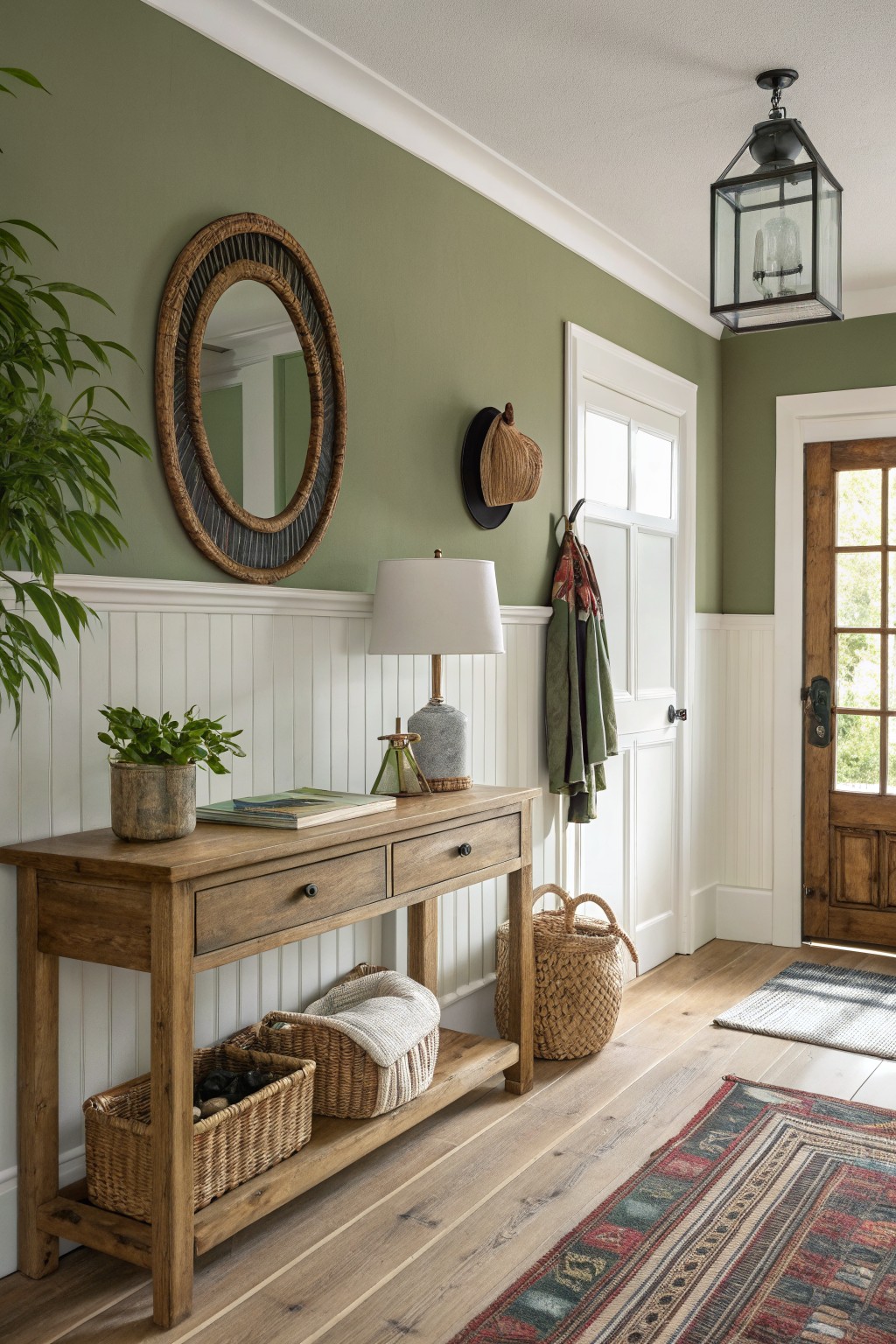 Cozy entryway with sage green upper walls, white wainscoting, wooden console, and natural accents