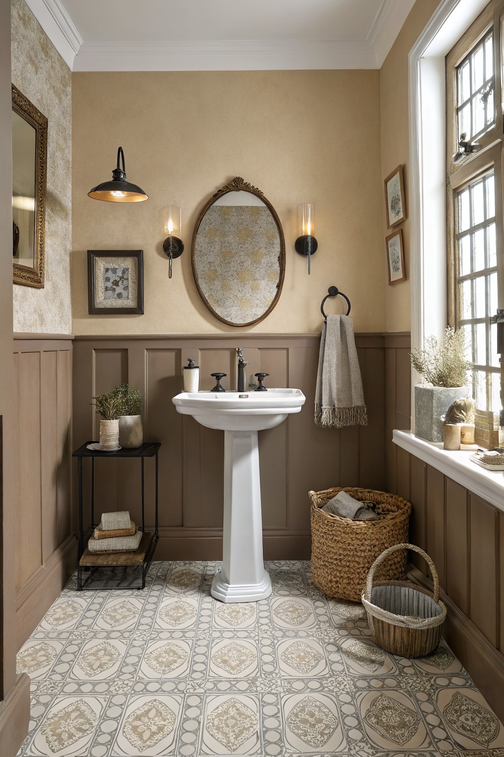 Cozy powder room featuring warm beige walls with wainscoting, white pedestal sink, candle sconces, and neutral decor accents
