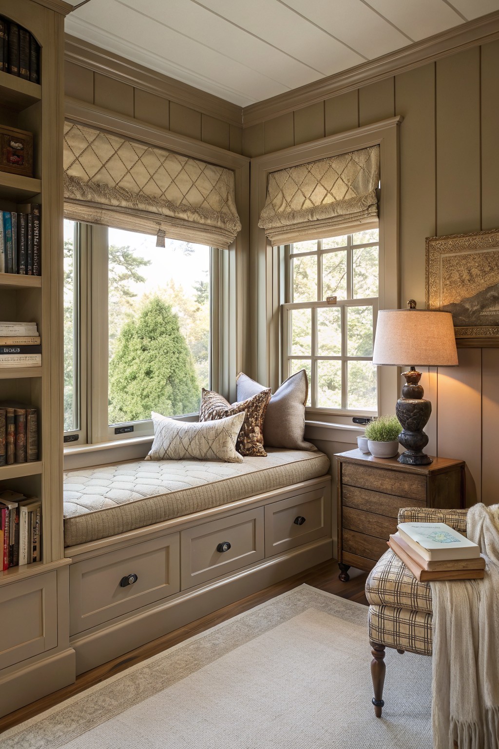 Cozy corner reading nook with warm greige walls and built-ins, tufted window seat, wood side table, and pillows by large windows