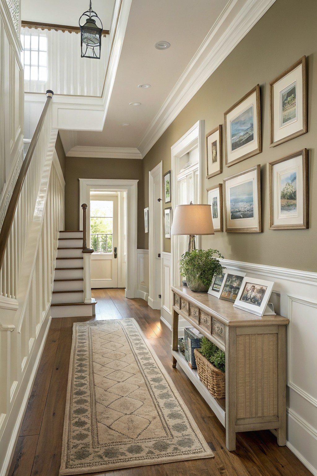 Hallway with warm greige walls, white trim and staircase, wood floors, console table, plants, and framed art