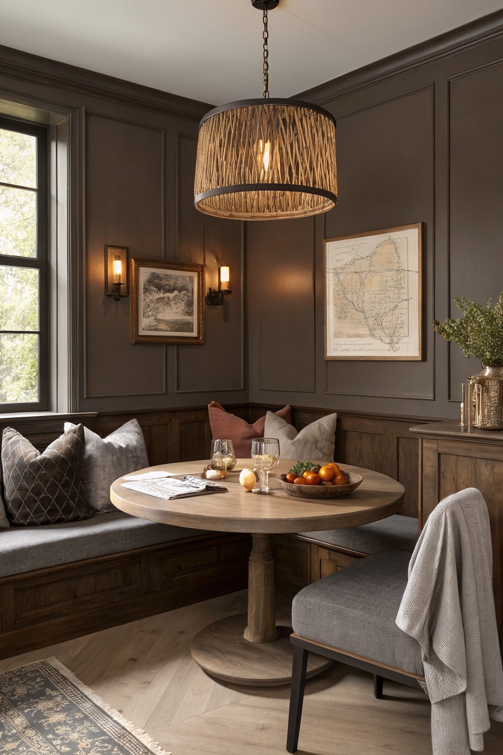 Intimate dining nook featuring deep warm greige paneled walls, a round wooden table with fruit and wine, built-in banquette with pillows, and woven pendant light overhead