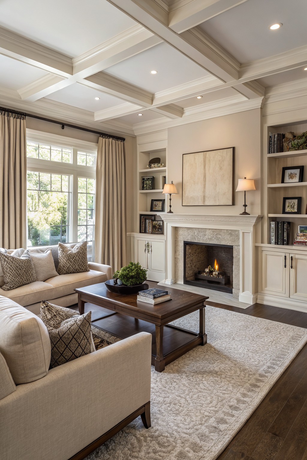Cozy living room featuring warm greige walls, white built-in bookcases and cabinets flanking a beige stone fireplace, cream L-shaped sofa, wood coffee table, and large window with cream drapes