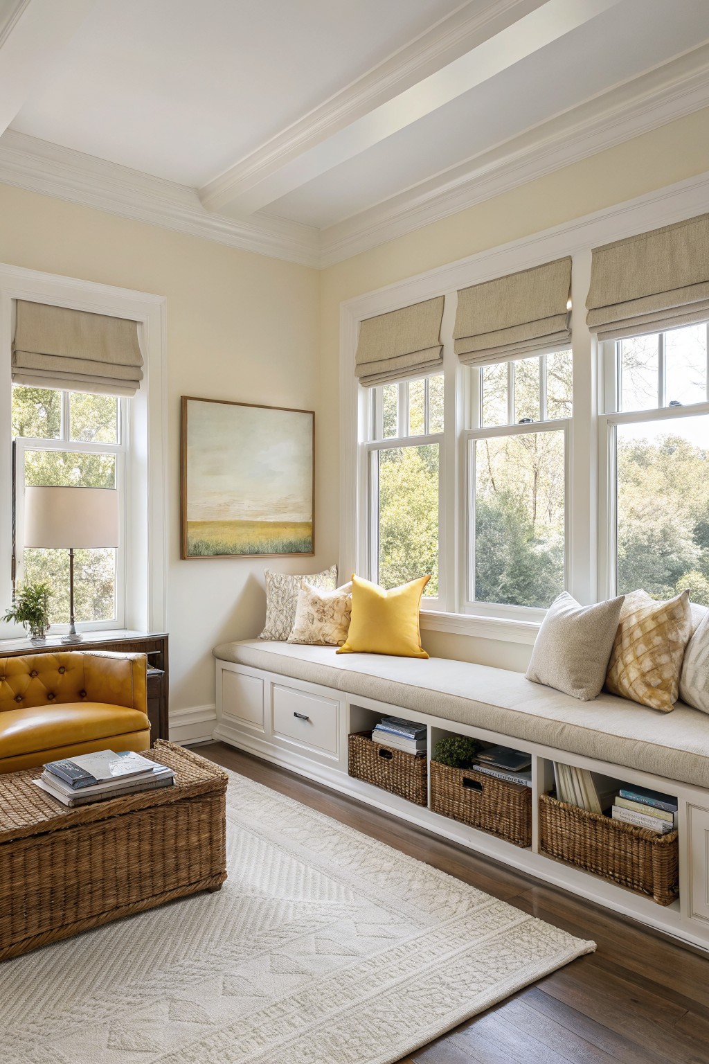 Bright reading corner with pale yellow walls, built-in window seat with pillows, leather chair, and wood floors