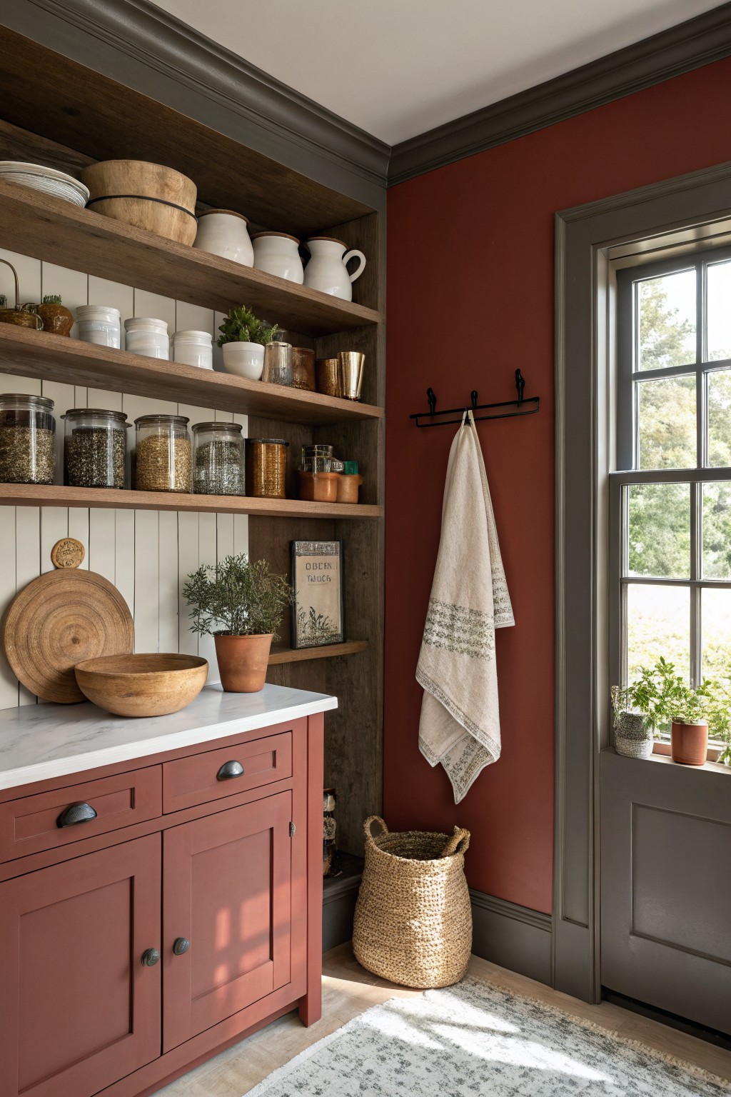 Kitchen corner with deep warm red walls and matching cabinets, open wooden shelves holding pottery, jars, and plants, white marble countertop, towel hook, and window with greenery outside