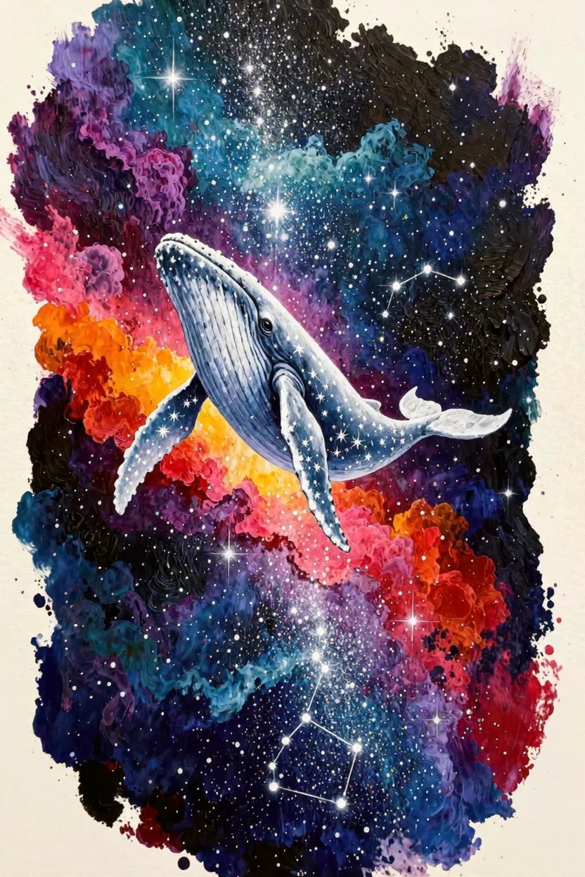A detailed painting of a white humpback whale swimming through a colorful nebula of purples, blues, pinks, oranges, and stars on a dark cosmic background.