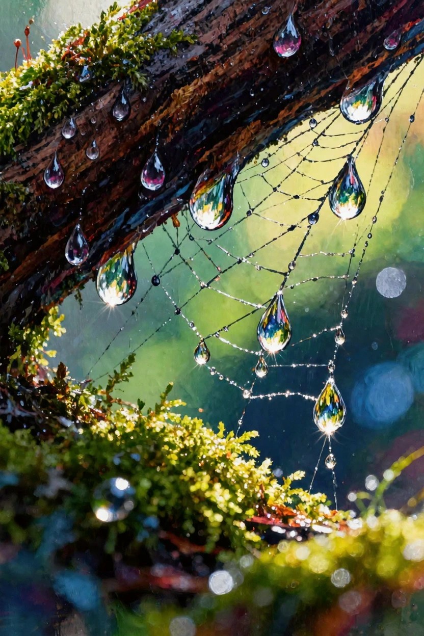 Spider web with multicolored dew drops stretched across a mossy wooden branch against a blurred green background.