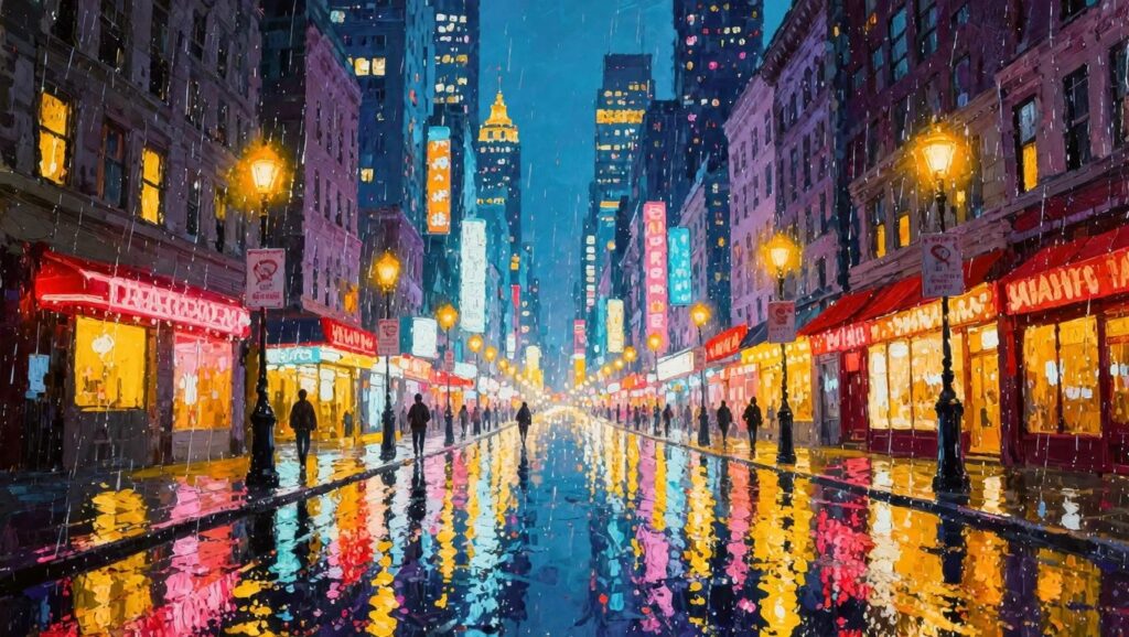 Neon-lit rainy city street at night with colorful sign reflections on wet pavement and silhouetted walkers.