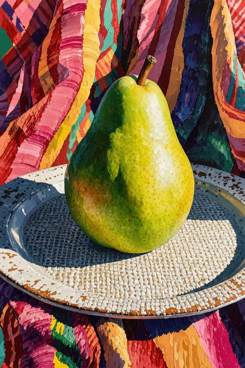 Realistic painting of a green pear on a rustic white plate over a woven mat, set against multicolored striped fabric.