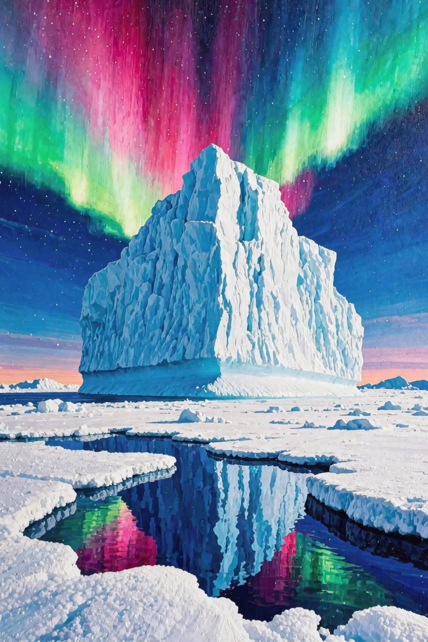 A detailed painting of a massive white iceberg in a snowy arctic expanse under vibrant pink, purple, and green aurora borealis, with colorful reflections in blue water cracks on the ice.