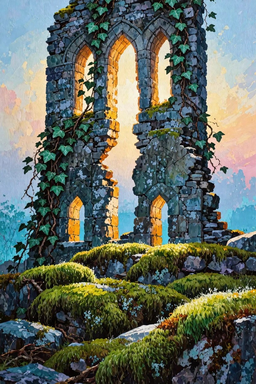 A detailed acrylic-style painting of ivy-covered Gothic stone arches on mossy rocks with golden light shining through at sunset.