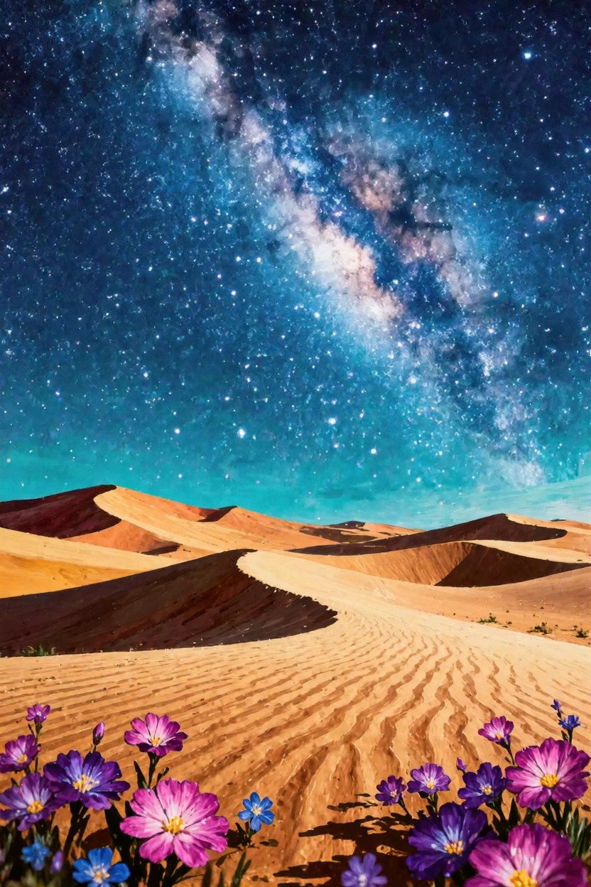 Orange sand dunes curve through a desert under a deep blue starry sky with the Milky Way, purple flowers blooming in the foreground.