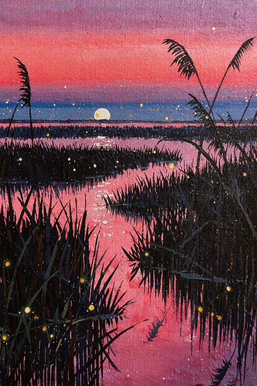 Acrylic painting of a pink sunset over a reed-filled marsh with reflective water channels and scattered glowing fireflies.