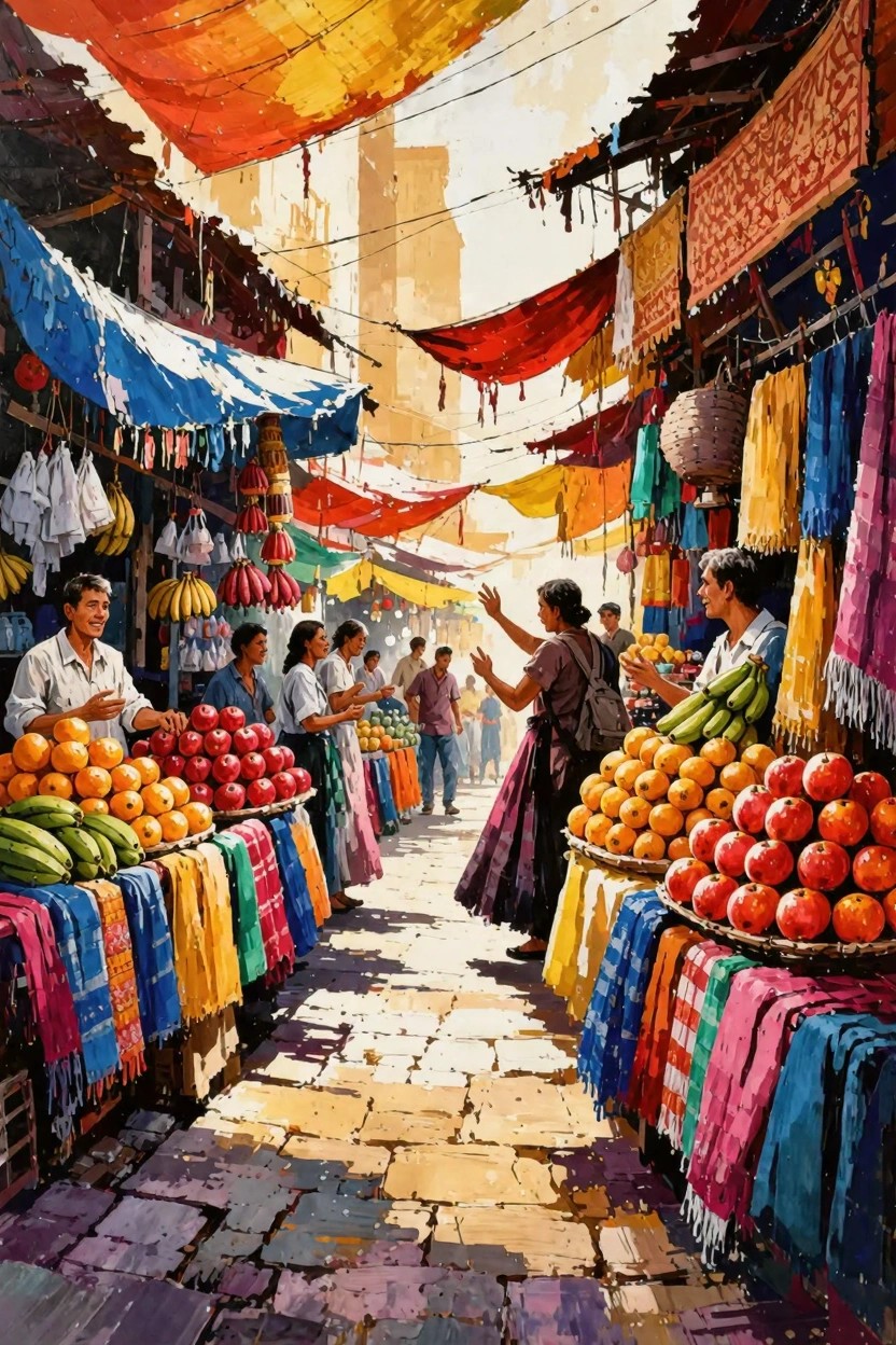 Detailed painting of a bustling Indian market alley with colorful hanging fabrics, fruit stalls selling bananas oranges and tomatoes, and people shopping under awnings.