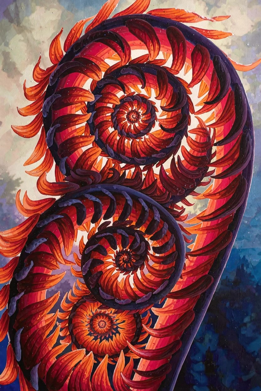 Two spiraling fern fronds in vibrant reds, oranges, purples, and blacks against a light blue background.