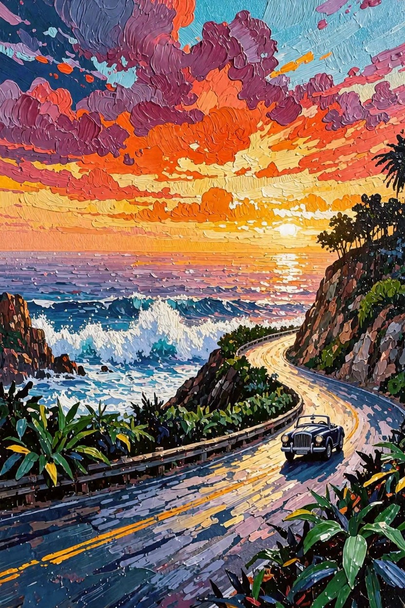 Vibrant impasto-style painting of a winding yellow-lined road along ocean cliffs at sunset, with crashing waves, palm trees, rocks, a vintage car, and colorful textured skies.