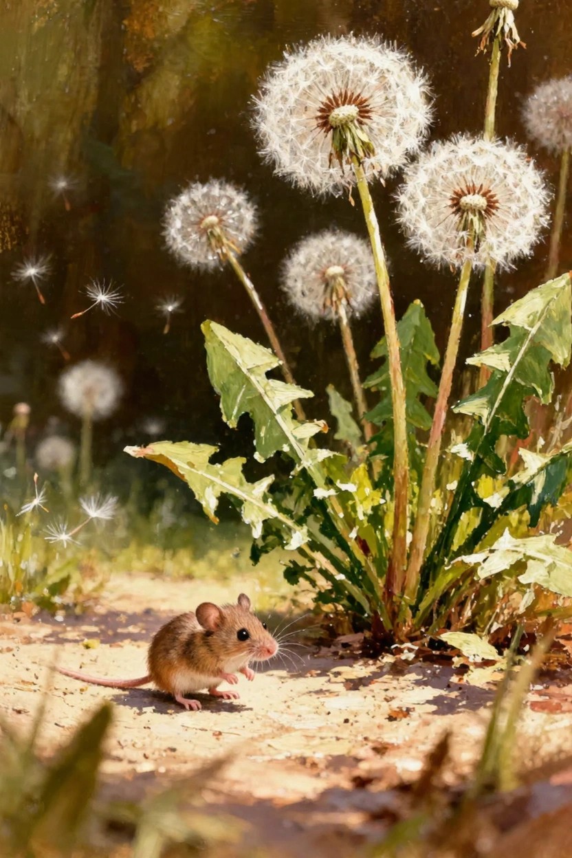 Oil painting of a brown field mouse on a dirt path looking up at dandelion seed heads with floating seeds, green leaves, and blurred background.