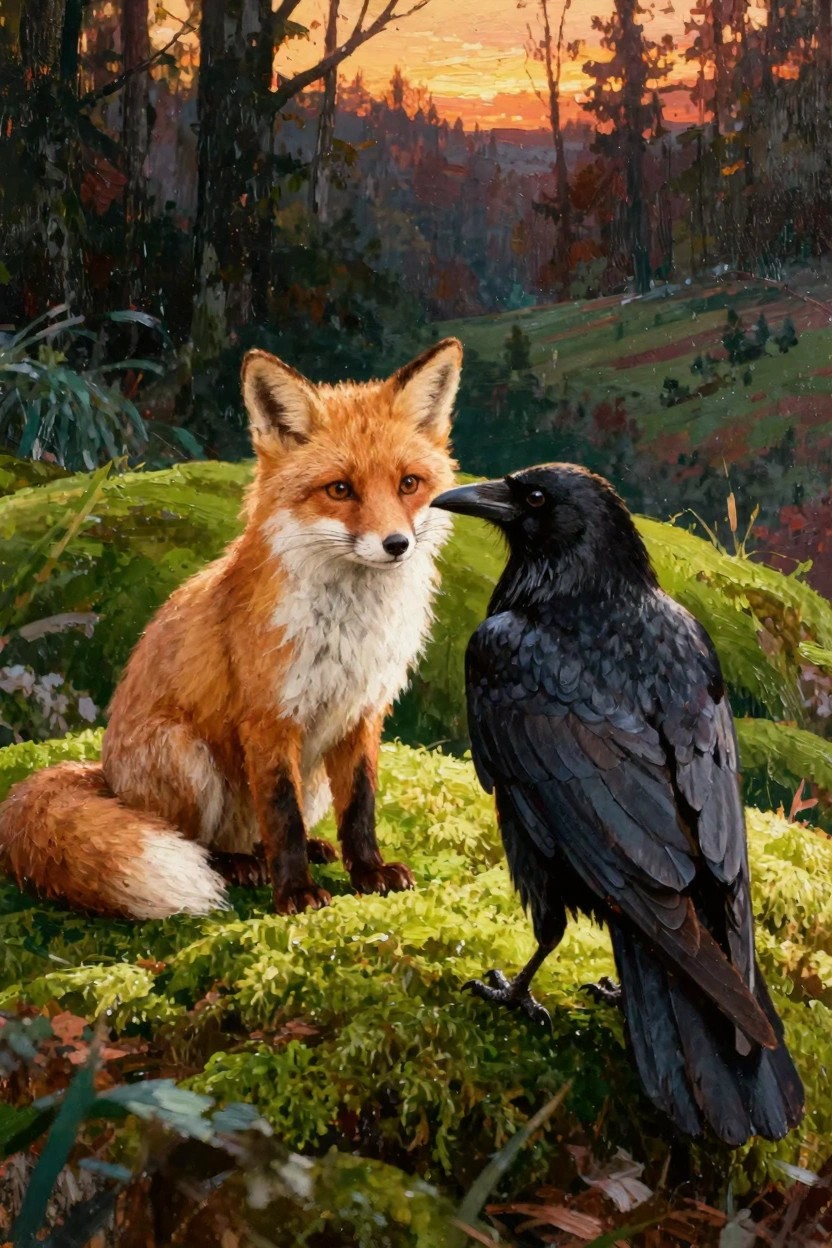 Oil painting of a sitting red fox facing a perched black raven on mossy ground in a sunset-lit forest with orange sky and trees.