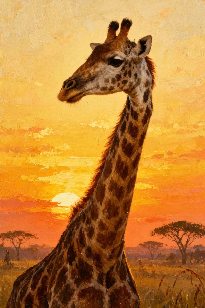Oil painting of a giraffe in profile facing a vibrant orange sunset over savanna with acacia trees and grass.