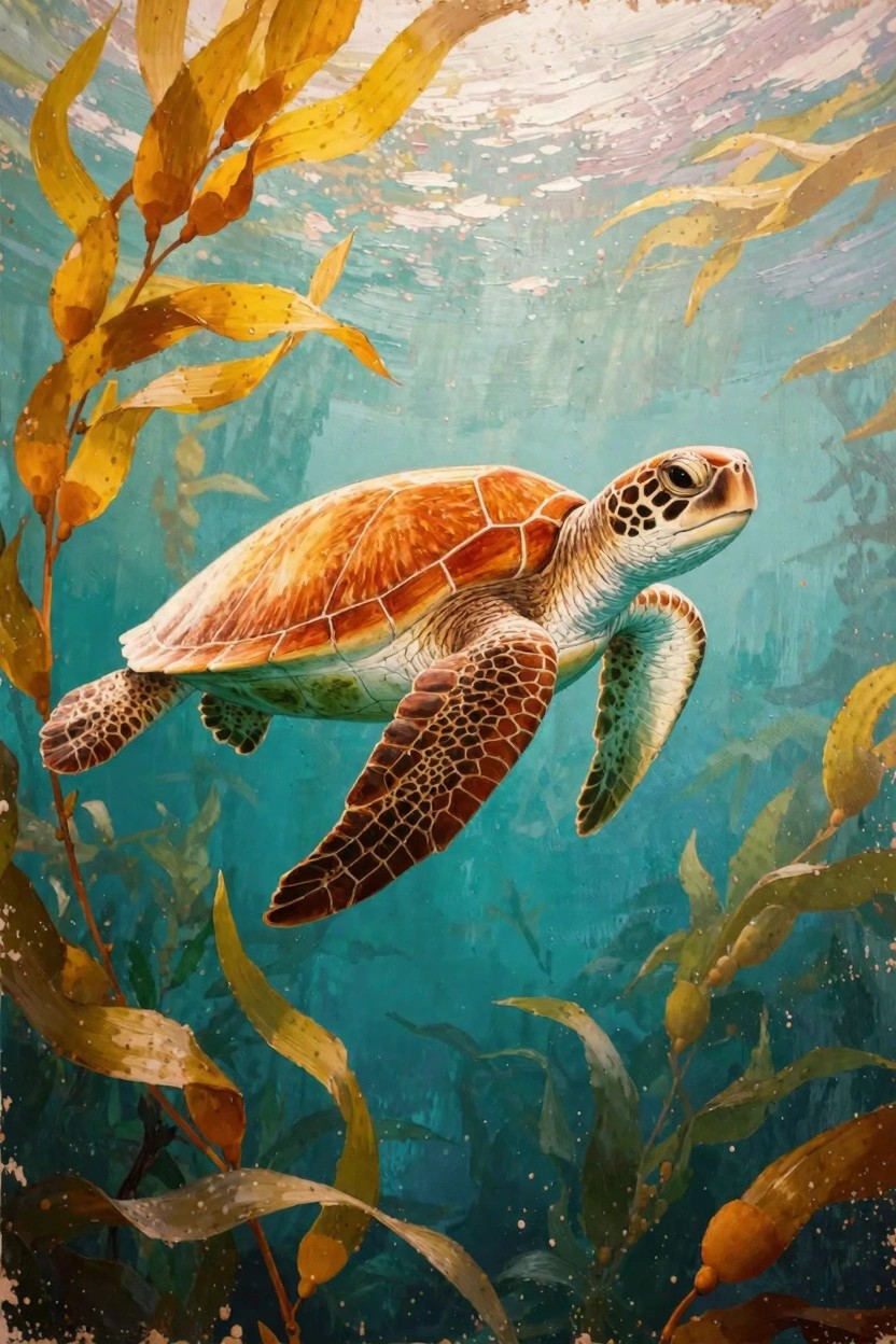 Oil painting idea of a sea turtle swimming amid golden kelp in a turquoise underwater scene with light rays.