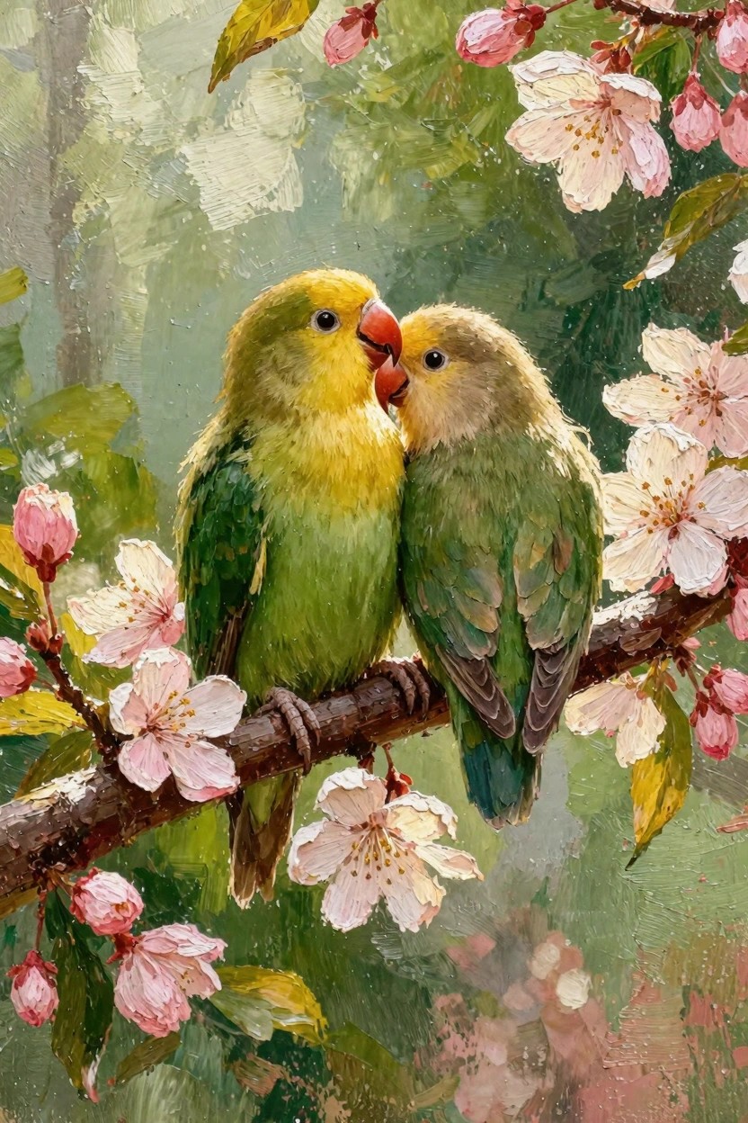 Oil painting of two green and yellow lovebirds kissing on a branch amid pink cherry blossoms and green leaves.