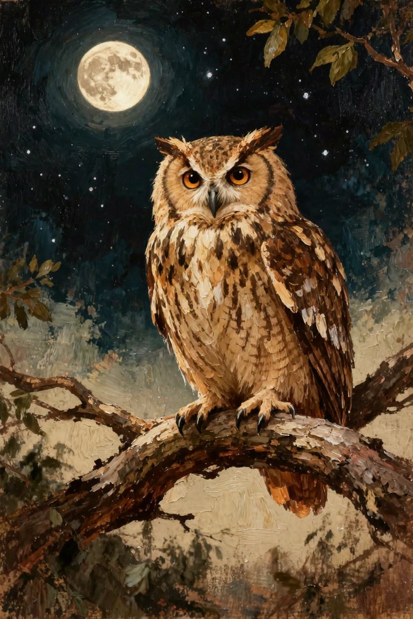 Detailed oil painting of a great horned owl perched on a branch under a full moon and starry night sky with surrounding leaves.
