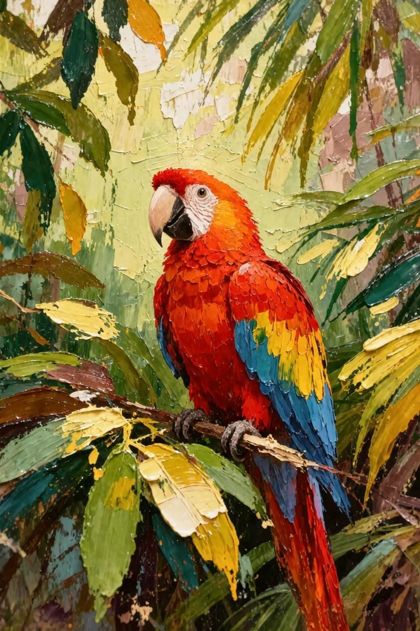 Oil painting of a scarlet macaw perched on a branch amid textured green and yellow tropical leaves.