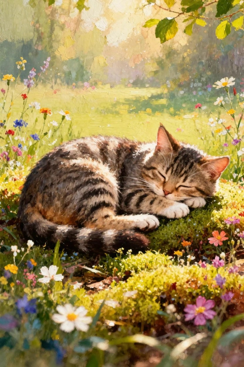Tabby kitten sleeping curled up on moss and wildflowers in a sunny green meadow with soft light.