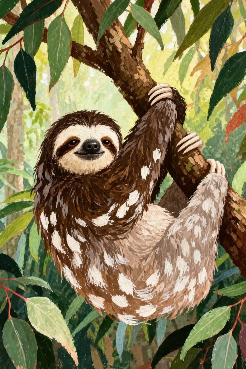 A brown sloth with white spots hangs upside down from a thick branch surrounded by green leaves and sunlight in a jungle scene.