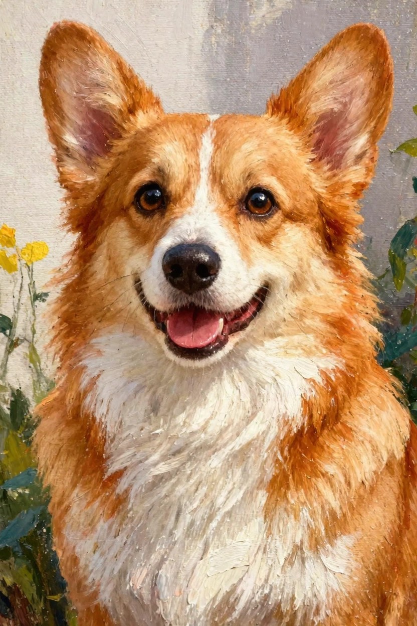 Oil painting close-up of an orange and white corgi smiling with tongue out, against a beige wall with yellow flowers and green leaves.
