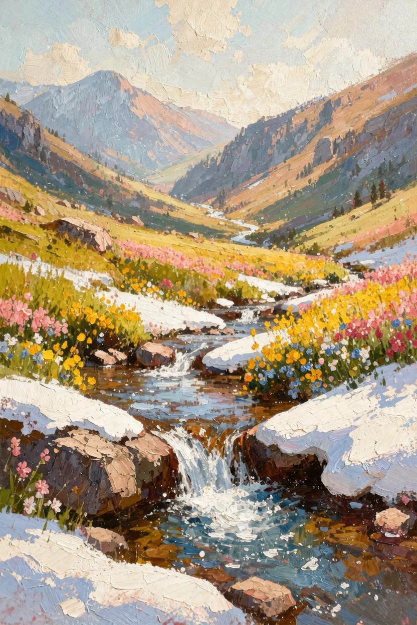 Oil painting depicting a stream winding through colorful wildflowers and snow patches in a mountain valley with distant peaks.