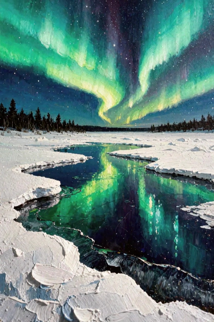 Oil painting of northern lights in green and purple over a starry night sky, reflecting in a frozen river amid snowy banks and pine trees.