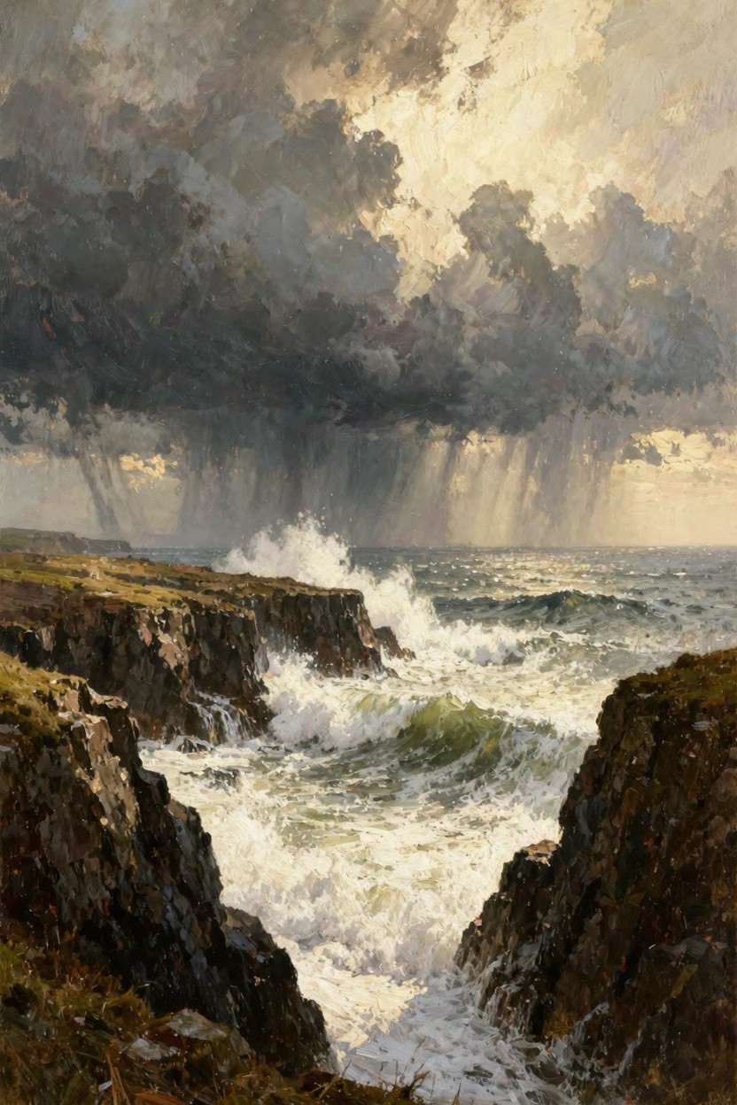 Oil painting of rugged green cliffs with crashing ocean waves below, dark stormy skies with rain shafts and sunlight beams breaking through.