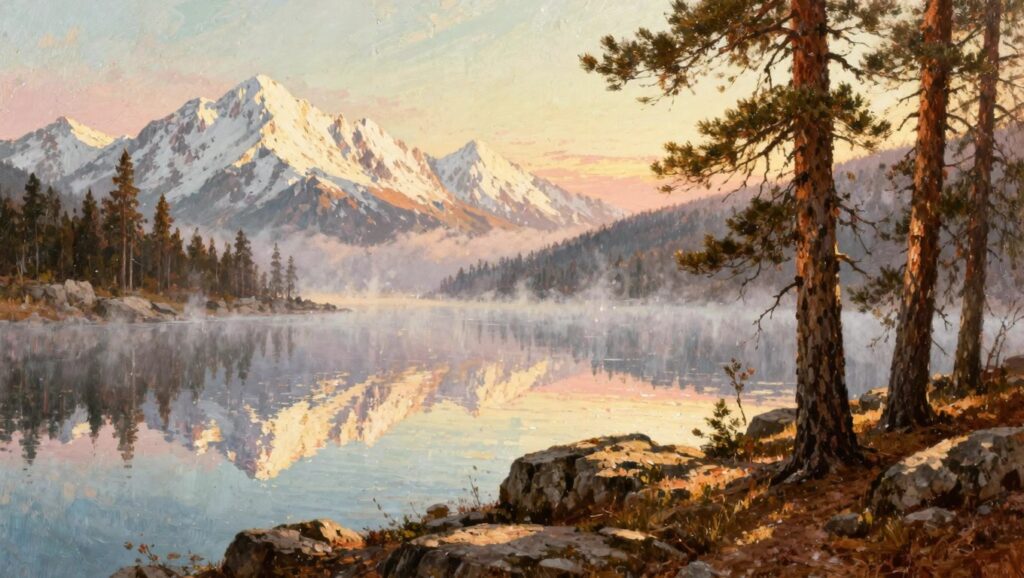 Oil painting of snow-capped mountains and pink-orange sunrise sky reflected in a misty lake, framed by pine trees on rocky foreground shores.