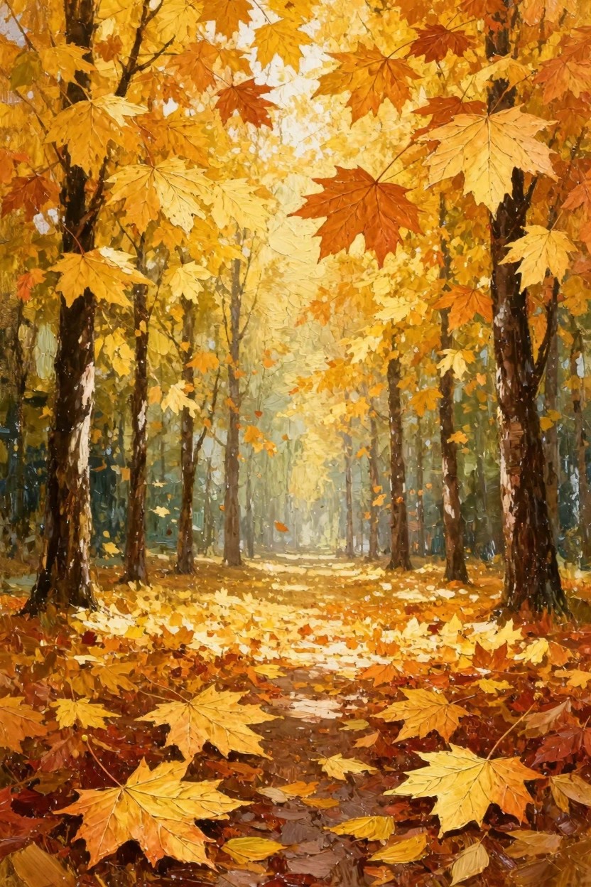 Oil painting of a winding sunlit path through autumn maple trees with golden leaves on branches and ground.