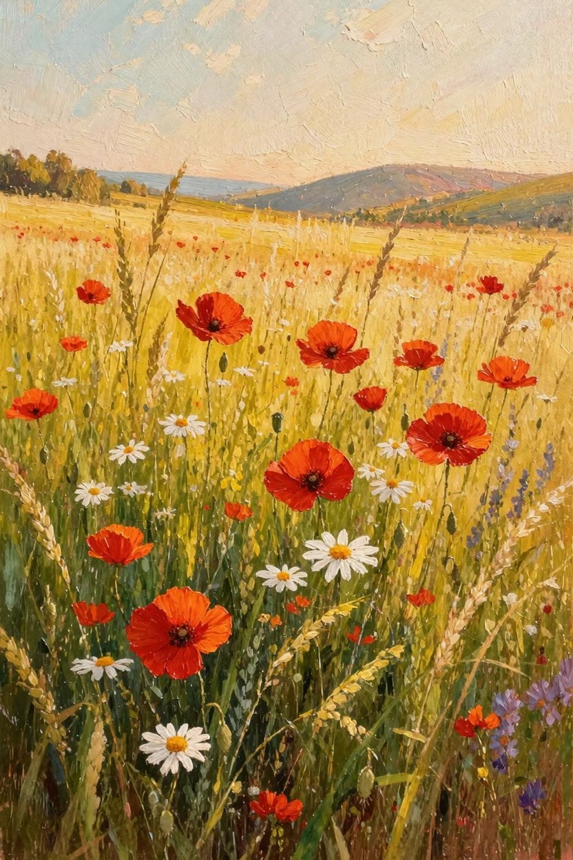 Oil painting of golden wheat field dotted with red poppies, white daisies, purple flowers, rolling green hills, trees, and cloudy sky.
