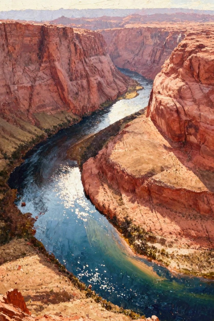 Oil painting of Grand Canyon red rock cliffs with a winding blue-green river reflecting sunlight.