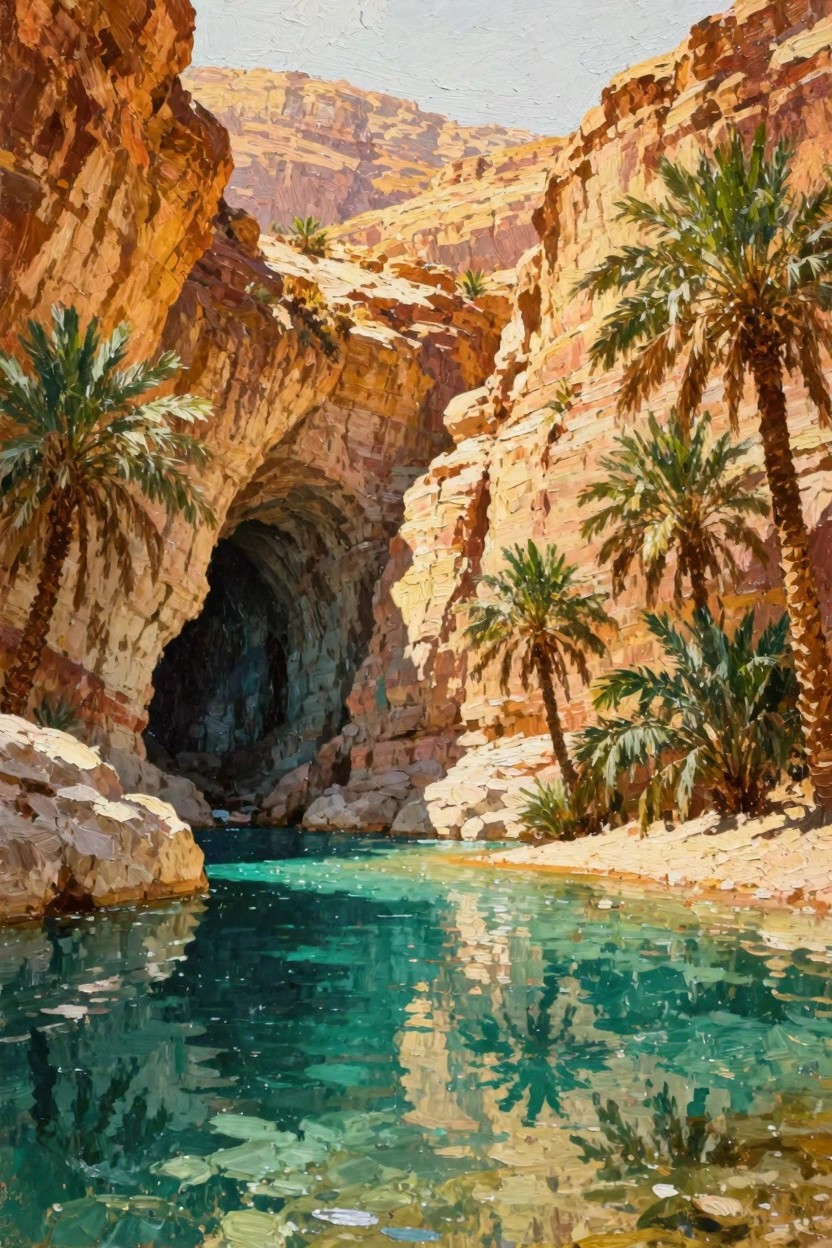 Oil painting depicting a turquoise pool and palm trees in a red rock canyon with a cave entrance.