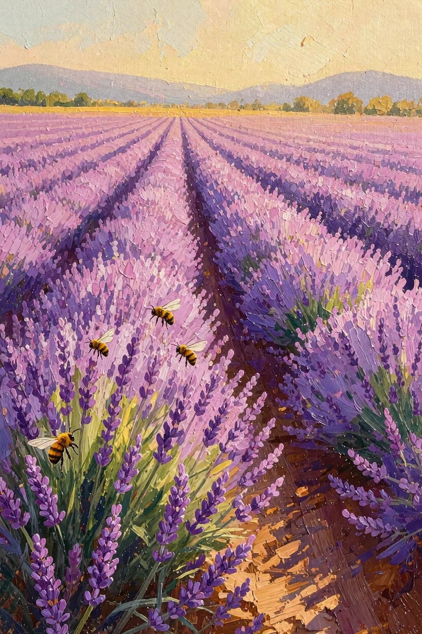 Oil painting of purple lavender fields in straight rows with flying bees, golden sunset sky, distant mountains, and a dirt path.