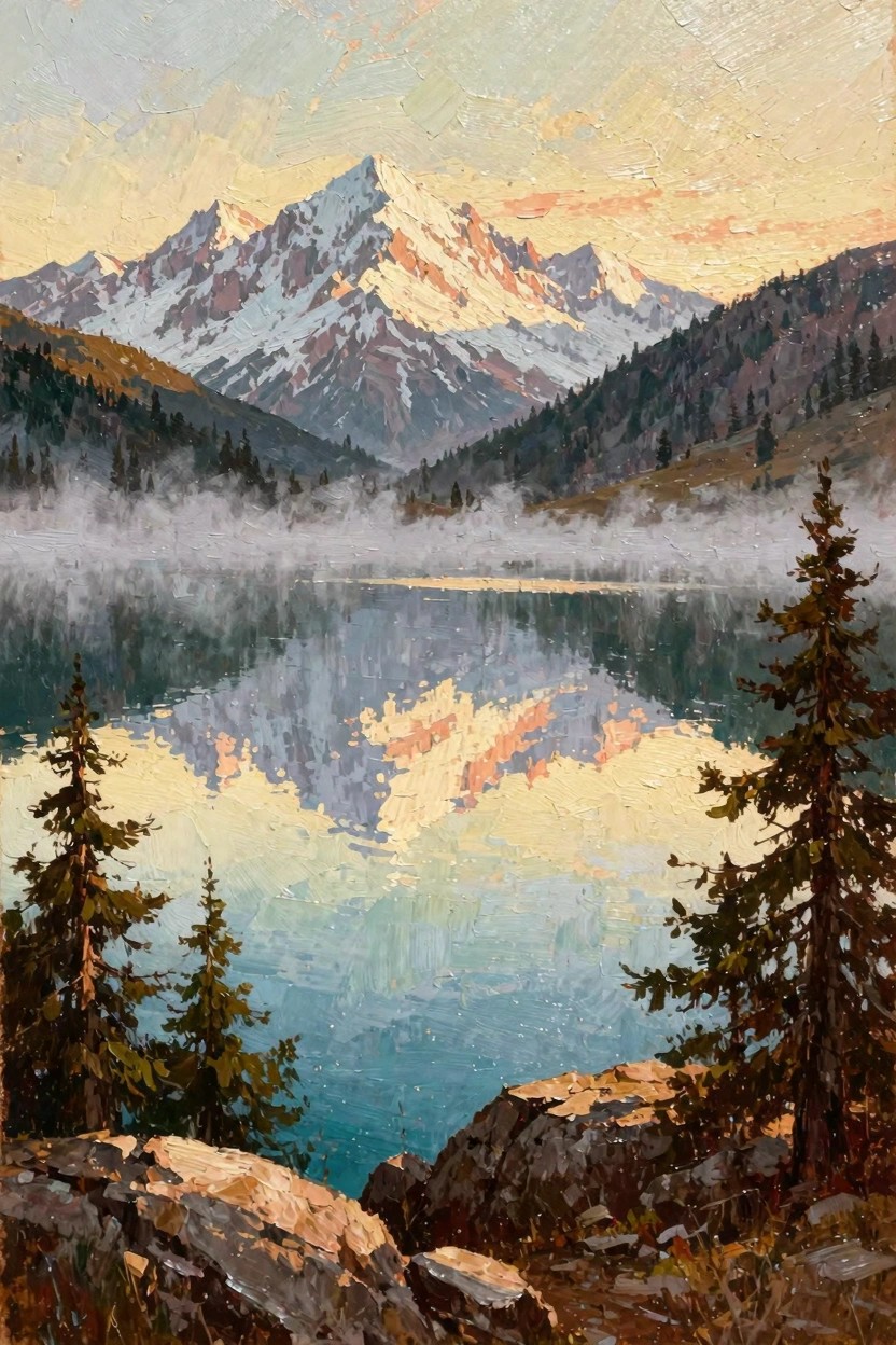 Oil painting of snow-capped mountains and pink-orange sunrise sky reflected in a misty lake, framed by pine trees on rocky foreground shores.