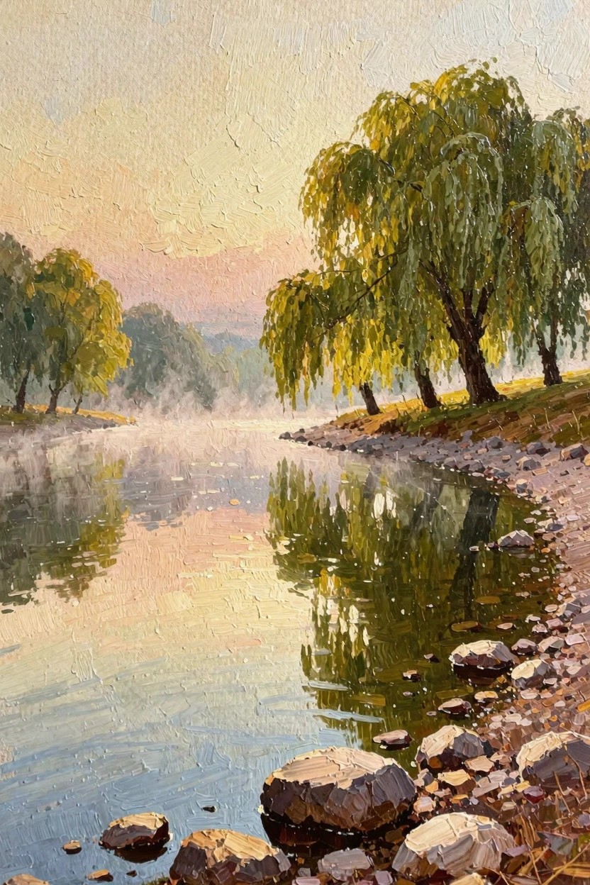 Oil painting of a misty river with weeping willow trees, rocks on the bank, and golden light reflections.