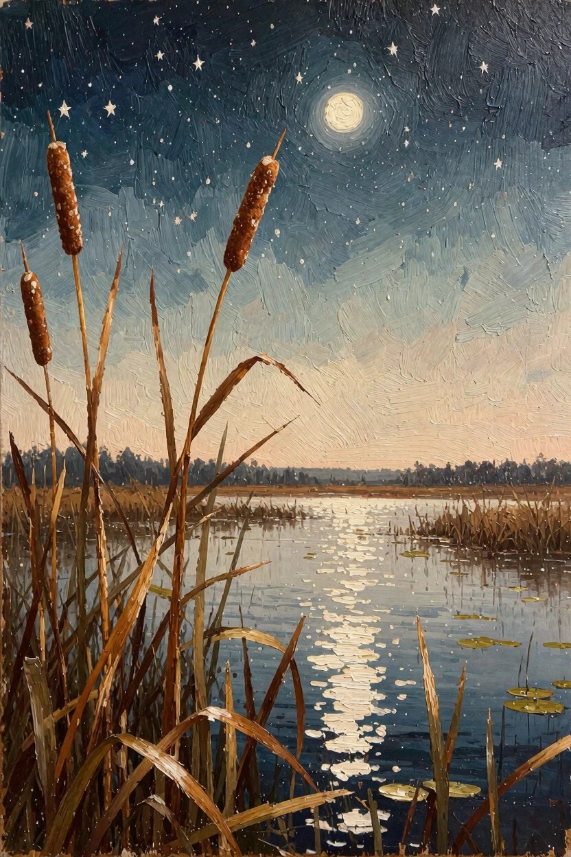 Oil painting depicting tall cattails in the foreground beside a pond with moonlit reflections, starry night sky, full moon, lily pads, and distant trees.