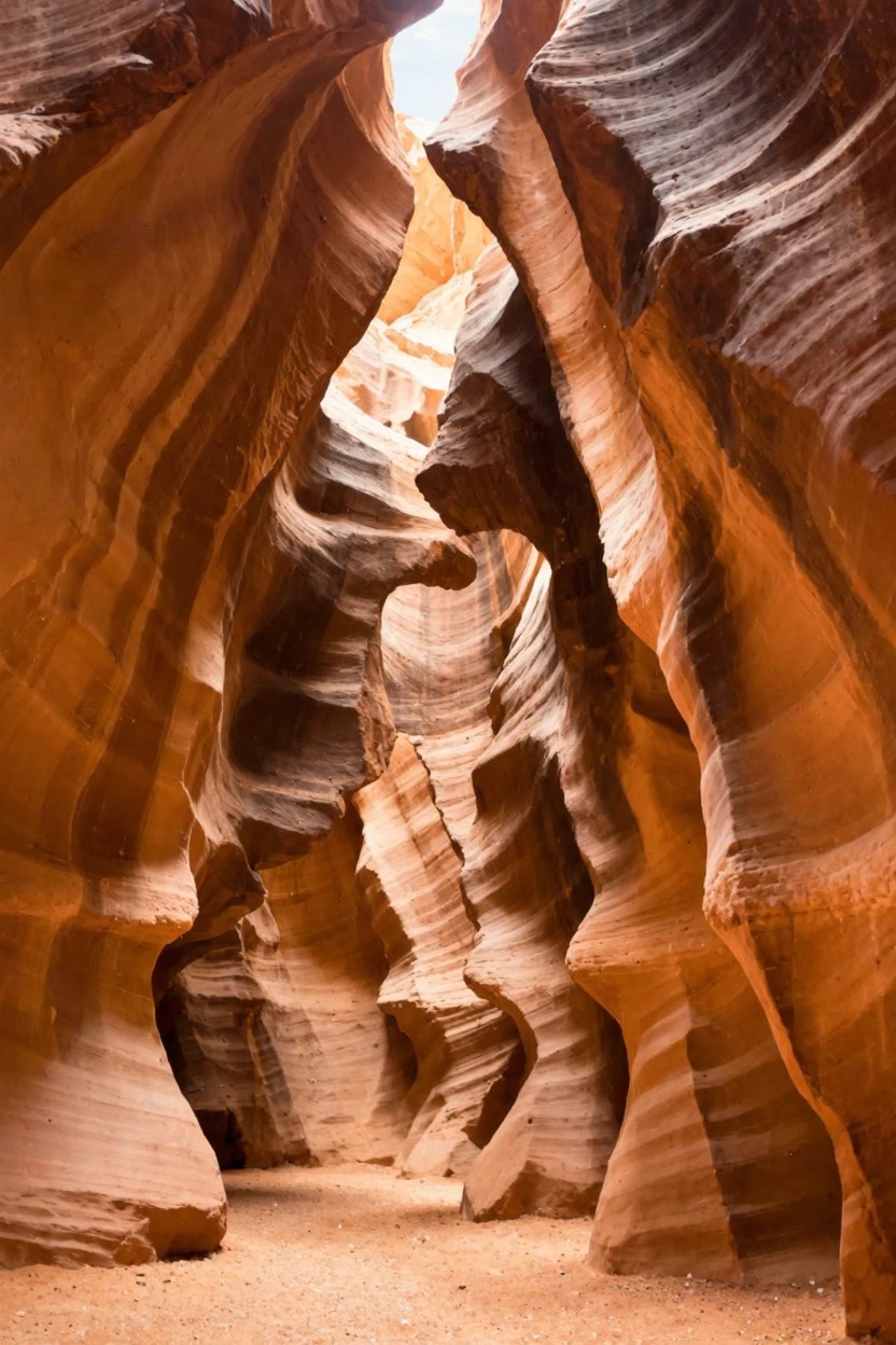 Tall narrow slot canyon with curving orange sandstone walls, sunlight from above, and sandy floor.
