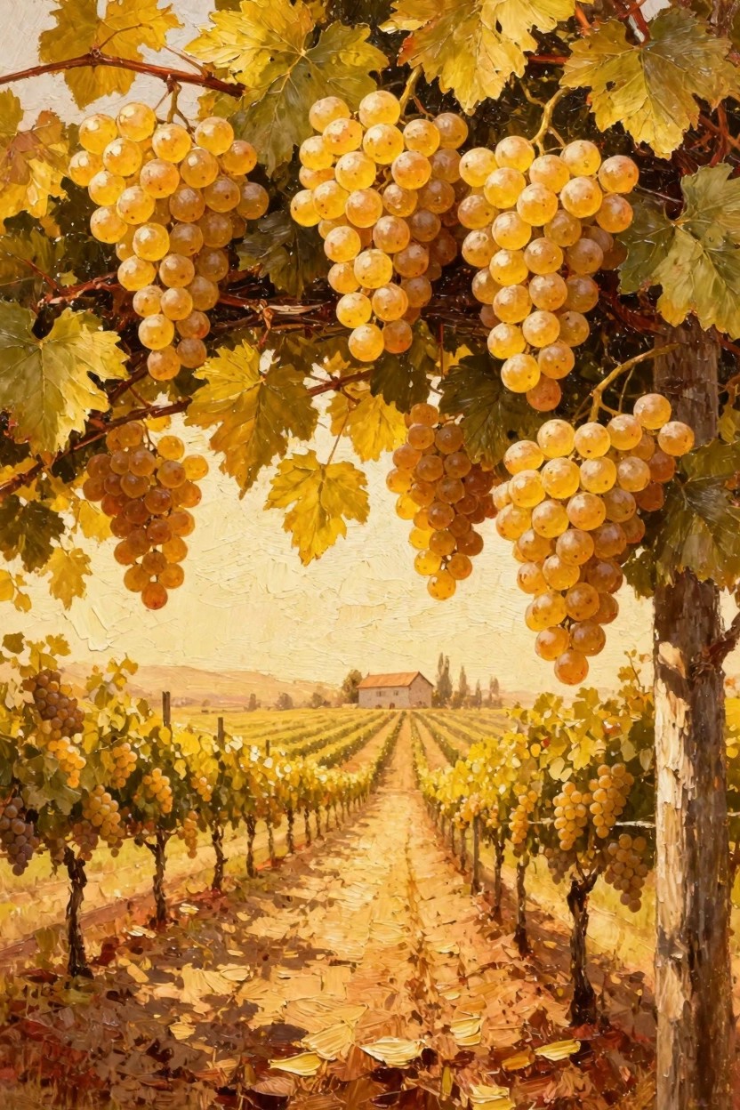 Oil painting of ripe golden grapes dangling from vines over a sunlit vineyard path with distant house and hills.