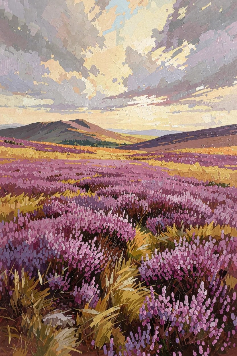 Oil painting of purple heather fields and yellow grasses on rolling moors with distant hills and dramatic sunset clouds.