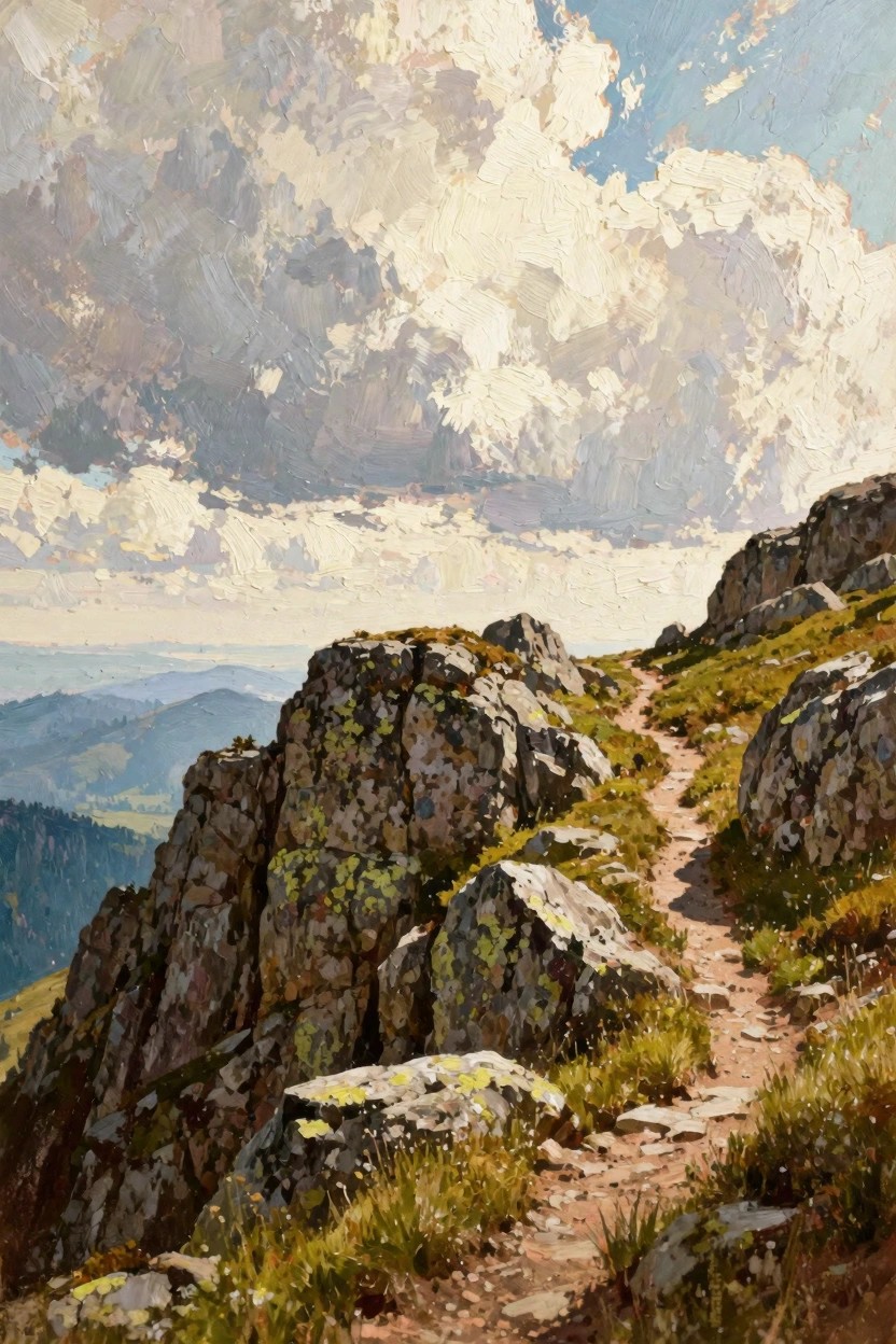 Oil painting of a narrow trail winding over rocky mountain ridge with distant valleys under dramatic clouds.